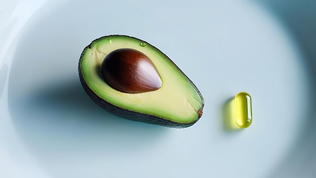 Bovenbeeld van een gesneden avocado met een put en een capsule met omega3 of visolie Gezonde verzadigde vetten in voedingsmiddelen en voedingssupplementen Voedingsstoffen helpen u gezond te blijven