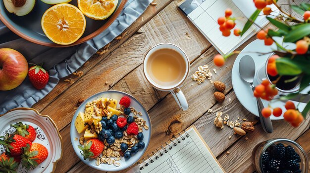 Foto bovenbeeld van een gezond ontbijt met vers fruit, bessen, granola-noten en koffie op een houten tafel