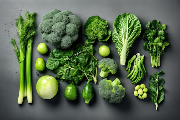 Bovenbeeld van een gezonde groentecollectie op een grijze achtergrond in een platte lay-stijl