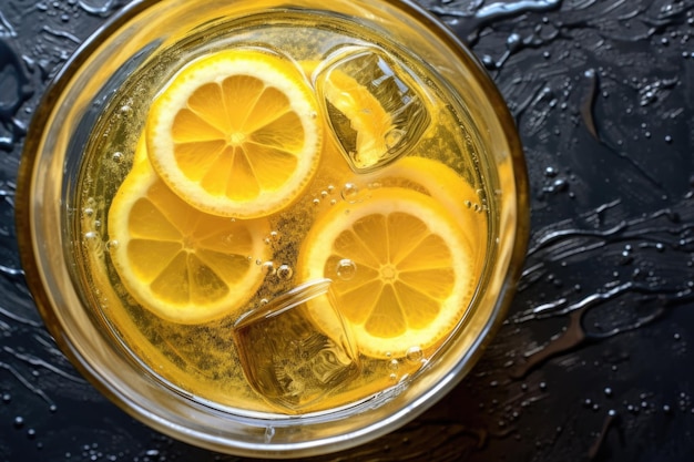 Bovenbeeld van een glazen kruik gevuld met limonade