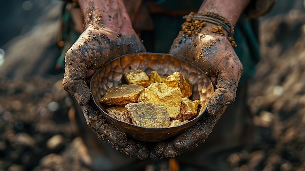 Bovenbeeld van een goudzoeker met vuile handen die een glinsterende gouden klompje in een schaal houden. Zwaar werk gedaan door arbeiders en ruimte Generatieve AI