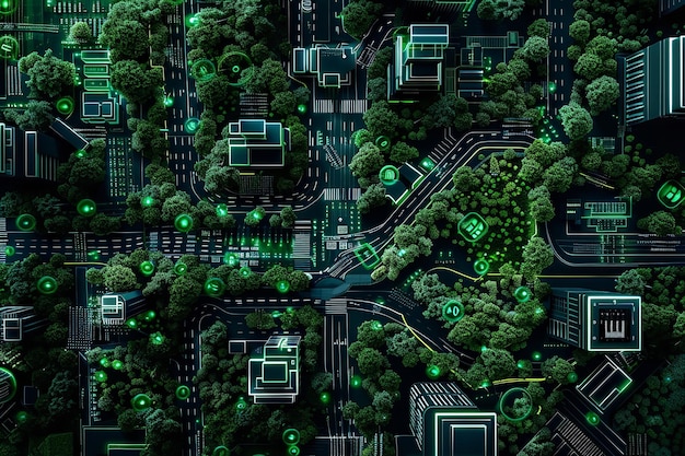 Bovenbeeld van een groen elektronisch milieuvriendelijk stadsmodel met gebouwen en wegen als technologische achtergrond Generatieve AI