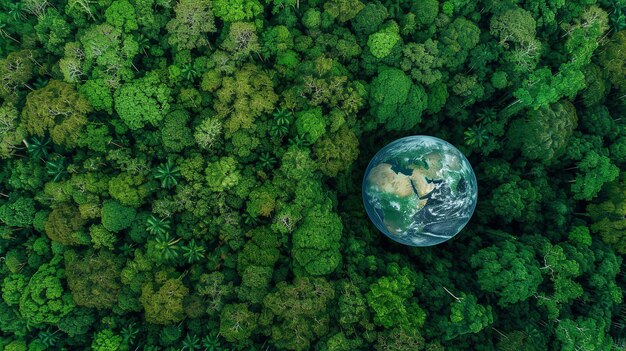 Bovenbeeld van een grote aardbol tussen de bossen met een lege ruimte een concept van redden van de aarde Generatieve AI