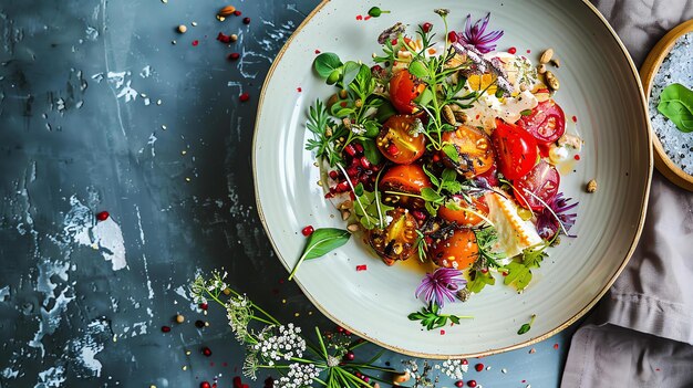 Foto bovenbeeld van een heerlijke en gezonde salade met verse tomaten, mozzarella, kaas, basilicum en andere groenten op een wit bord