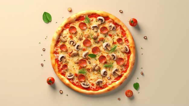 Bovenbeeld van een heerlijke pepperoni pizza met gesmolten kaas omringd door verse basilicumbladeren, kersen, tomaten en rode chili pepers