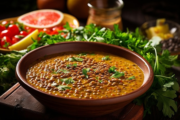 Foto bovenbeeld van een heerlijke veganistische salade op een bord met verschillende verse groenten op een donkere achtergrond