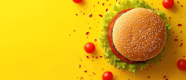 Bovenbeeld van een klassieke hamburger met verse sla en heldere rode tomaten gevouwen tussen twee sesambroodjes op een heldere gele achtergrond kopieer ruimte banner