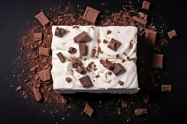 Bovenbeeld van een kleine romige taart met chocolade stukjes op het donkere oppervlak