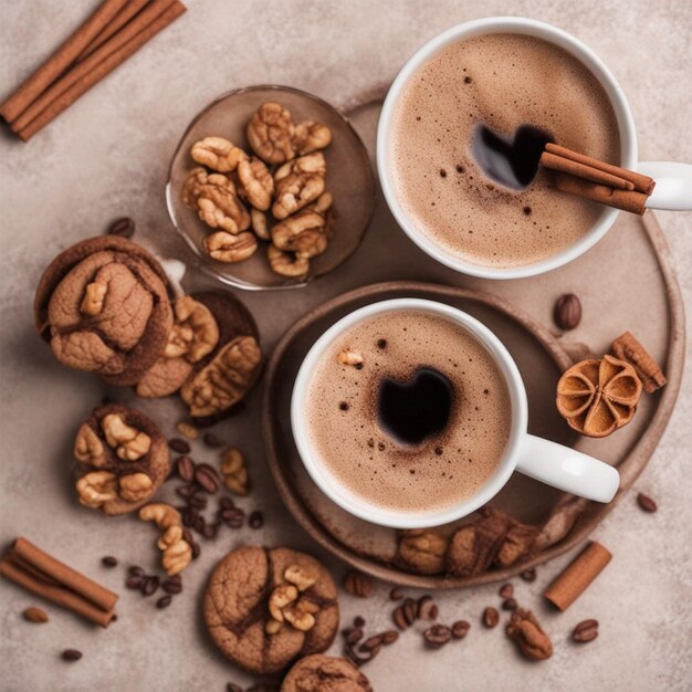 Bovenbeeld van een koffiekop met kaneel en walnoten