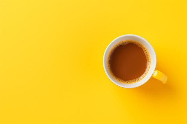 Bovenbeeld van een koffiekop op een gele en witte achtergrond