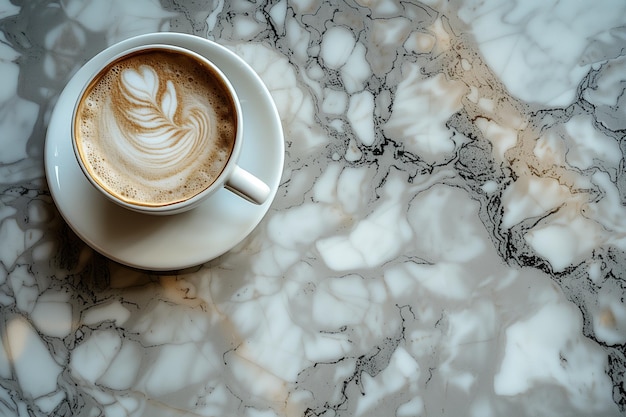 Bovenbeeld van een kopje latte op een marmeren tafel