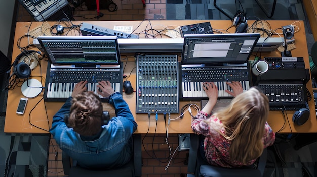Foto bovenbeeld van een moderne muziekproductiestudio met twee mensen die werken met hightech-apparatuur voor het mixen van geluid creatieve omgeving voor muziekcreatie audio-engineering sessie ai