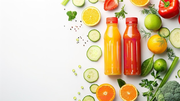 Bovenbeeld van een natuurlijke smoothie van groenten en fruit met een doorzichtige fles met een grote ruimte op het witte oppervlak voor tekst of product Generatieve AI