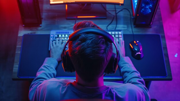 Bovenbeeld van een professionele cybersportman met koptelefoon die een shooter videospel speelt op zijn krachtige gaming-PC