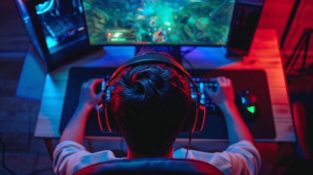 Bovenbeeld van een professionele cybersportman met koptelefoon die een shooter videospel speelt op zijn krachtige gaming-PC