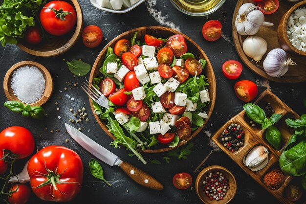 Bovenbeeld van een smakelijke salade met verse groenten op een donker oppervlak