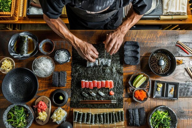 Foto bovenbeeld van een sushi chef die ingrediënten assembleert