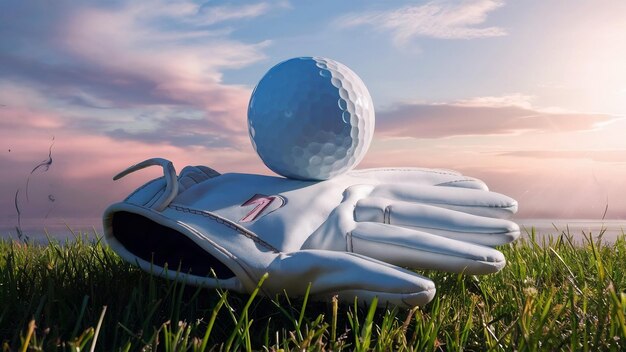 Foto bovenbeeld van een witte golfhandschoen met een golfbal op een grasveld