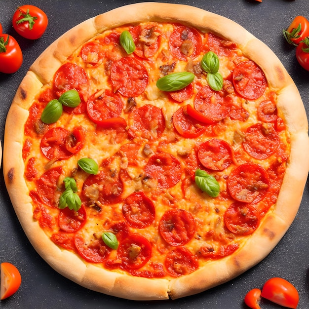 Bovenbeeld van een worstpizza met tomaten, rode peper en kaas.