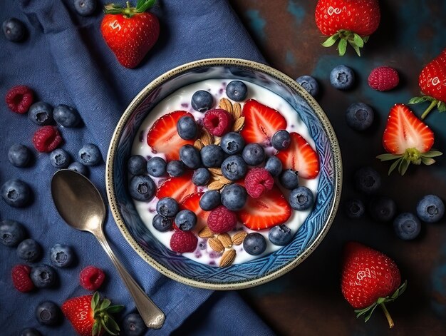 Bovenbeeld van een yoghurtbak met rode vruchten, aardbeien en bosbessen