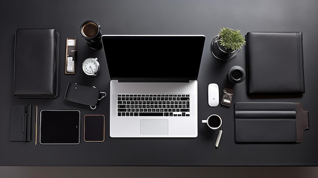 Bovenbeeld van een zwart kantoor bureau met computer en benodigdheden generatieve ai