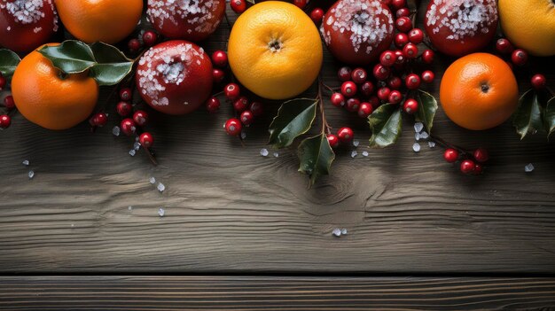 Foto bovenbeeld van feestelijke kerstfruit en specerijen op houten achtergrond