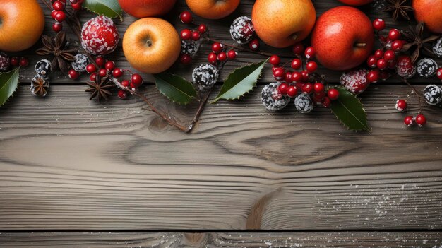 Foto bovenbeeld van feestelijke kerstfruit en specerijen op houten achtergrond