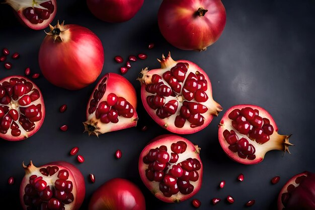 Bovenbeeld van gezonde roze granaatappels op een emmer op een grijze achtergrond realistisch