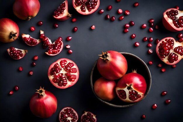 Foto bovenbeeld van gezonde roze granaatappels op een emmer op een grijze achtergrond realistisch