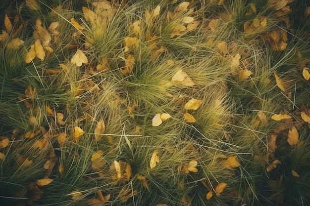 Bovenbeeld van groen gras bedekt met geelachtig gebladerte in de herfst