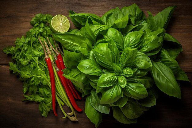 Foto bovenbeeld van groenten als koriander, tomaten, spinazie, groene muntbladeren op een houten oppervlak