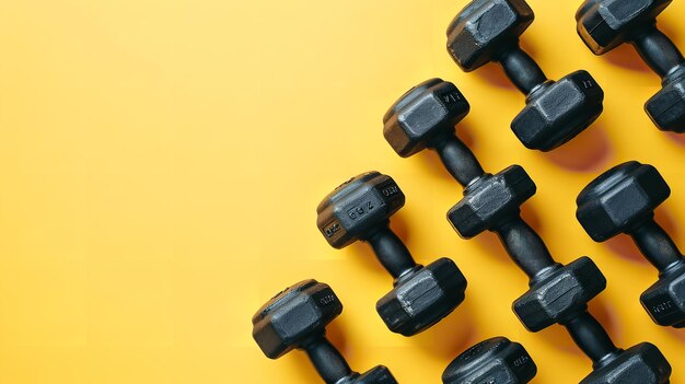 Bovenbeeld van grote gym-dumbels op een geel oppervlak met een grote lege ruimte voor tekst Generatieve AI