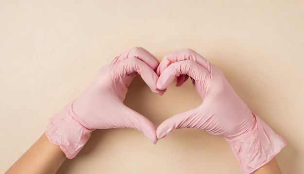 Bovenbeeld van handen in roze handschoenen die het gebaar als hart doen op beige achtergrond met kopieerruimte