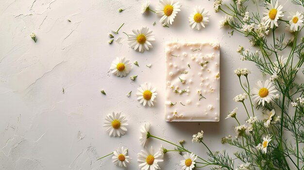 Bovenbeeld van handgemaakte witte kamille witte zeep met bloemen tegen een schone achtergrond Generatieve AI