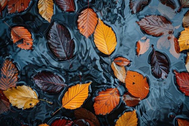 Bovenbeeld van herfstbladeren op regenwater dat drijft perfect voor een natuurlijke product achtergrond voor reclame Generatieve AI