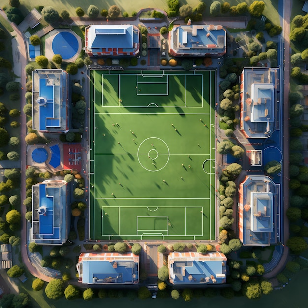 Bovenbeeld van het voetbalveld op de school