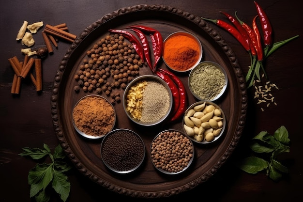 Bovenbeeld van Indiase kruiden en specerijen op een tafel