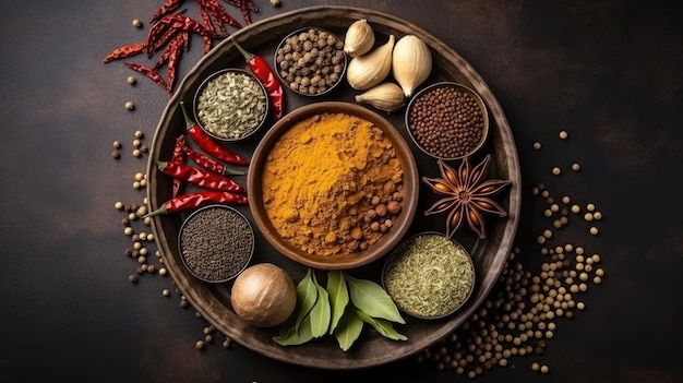 Bovenbeeld van Indiase kruiden en specerijen op een tafel