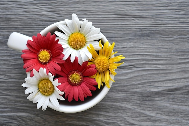 Foto bovenbeeld van kleurrijke mooie madeliefjesbloemen op een grijze houten achtergrond met kopieerruimte