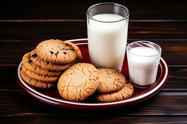 Bovenbeeld van koekjes met melk en jam op een donker houten oppervlak horizontaal