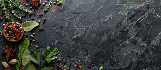Bovenbeeld van kruiden en specerijen op een zwarte stenen achtergrond met lege ruimte voor tekst