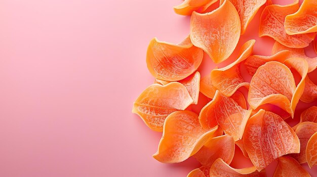 Foto bovenbeeld van papaya-chips op een roze pastelkleurige achtergrond met ruimte een concept van fruitchips zijn goed voor de gezondheid generatieve ai