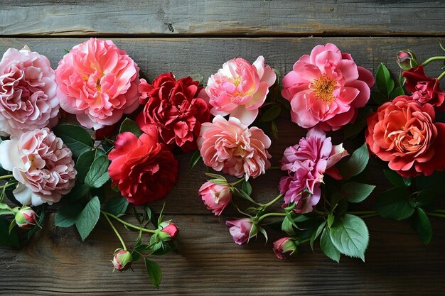 Bovenbeeld van prachtige en verse bloemen zoals pioenen en rozen op een houten oppervlak