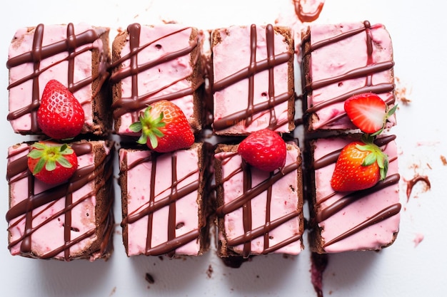 Foto bovenbeeld van roze aardbeienkoekjes met jam en chocoladerepen op een wit oppervlak