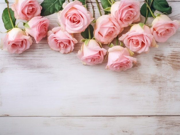 Bovenbeeld van roze rozen tegen een witte houten tafel achtergrond in de stijl van vintage Generative AI