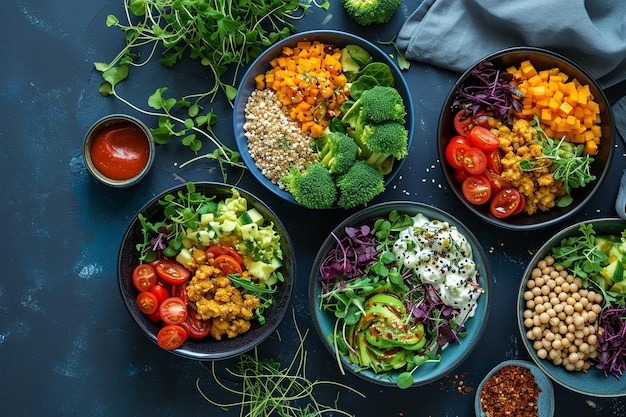 Bovenbeeld van schalen met verschillende gezonde salades