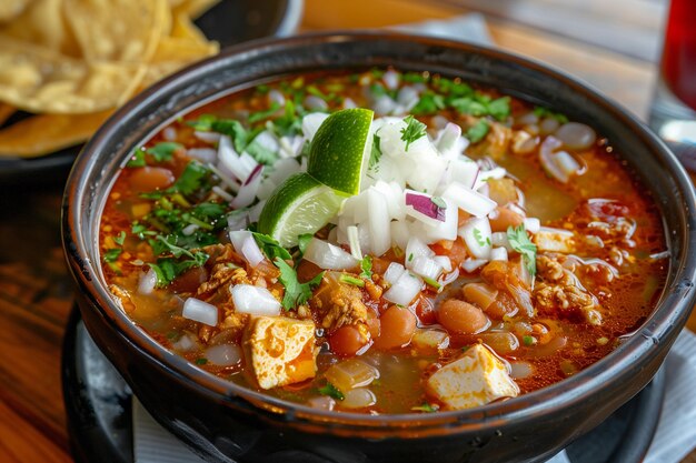 Bovenbeeld van schalen pozole op tafel