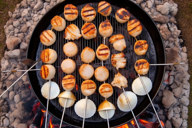 Foto bovenbeeld van schelpen op de grill bij een picknick op het strand gemaakt met generatieve ai