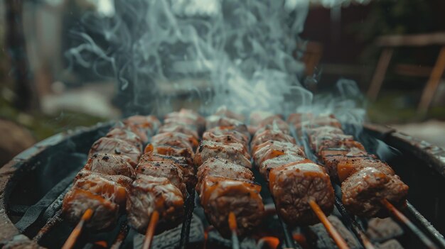 Bovenbeeld van smakelijk gegrild vlees op een metalen rooster Shish kebab op de grill