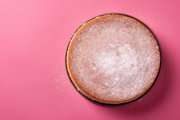 Foto bovenbeeld van suikerpoeder cake rond gevormd op roze